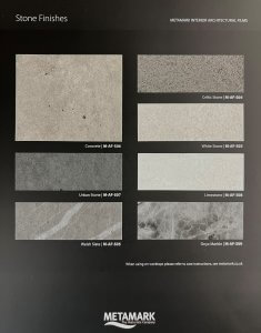 Metamark interior architectural film sample featuring realistic stone finishes for worktops, walls, furniture, and surfaces, used in sustainable commercial interior design. Urban feel
